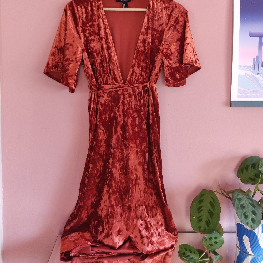 Rust velvet wrap dress 70s flutter-sleeve